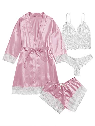 WDIRARA Women' Silk Satin Pajamas Set 4pcs Lingerie Floral Lace Cami Sleepwear with Robe - Large - Pink and White