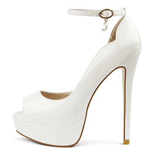 MERUMOTE Women's Platform Stiletto Heels Shoes Peep Toe Pumps 6 inch Heels for Dress Wedding Party - 8 - White With Pendant