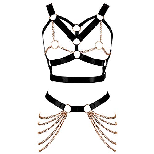 Women's Punk Body Harness Lingerie Full Waist Garter Belts Set Strappy Frame Cage Rave bras - Black Gold 65+52