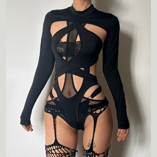Long sleeves hollow out cross back bodysuit | Black / L