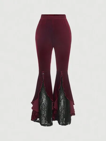 SHEIN MOD Contrast Lace Ruffle Trim Flare Leg Pants
