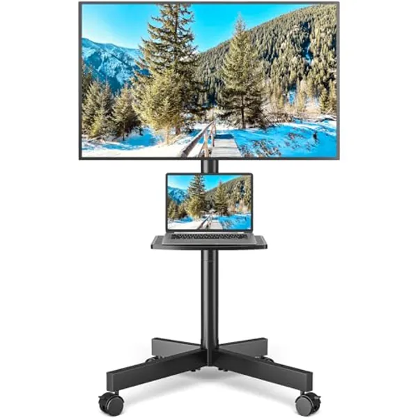 Rfiver Strong Rolling TV Stand with Shelf for 23-60 inch TVs up to 88lbs, Portable Mobile TV Cart with Silent Wheel, Tilt & Height Adjustable Universal Corner TV Stand for Bedroom, Living Room, Office