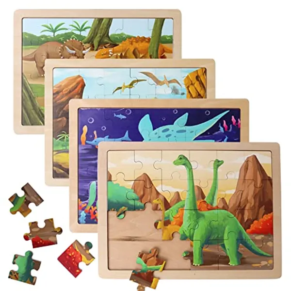 BESTAMTOY Wooden Dinosaur Puzzles for Kids Ages 3-5.4 Packs 24 PCs Jigsaw Puzzles Preschool Educational Brain Teaser Boards Toys Montessori Toys for 3 Years Old and Up