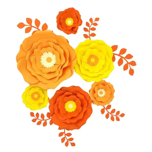 Mybbshower Large 14 inch Orange Paper Flower with Leaf for Fall Autumn Thanksgiving Anniversary Birthday Orange Wedding Party Backdrop Nursery Wall Home Decor Pack of 6