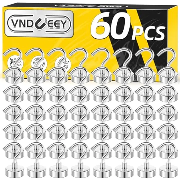 VNDUEEY 60 Pack Strong Magnetic Hooks, 25Lbs Magnet Hooks Heavy Duty, Metal Magnetic Hooks for Hanging, Magnetic Hook for Cruise, Kitchen, Garage, Classroom, and Office