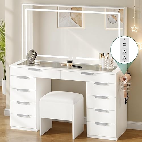 YITAHOME Makeup Vanity with Light Strip & Extra-Large Mirror, 10-Drawer Vanity Table Set with Power Hub & Hair Dryer Rack, Glass Top Vanity with 3 Color Modes Adjustment, Storage Bench for Bedroom - Milk White - LED Strip with Glass Top