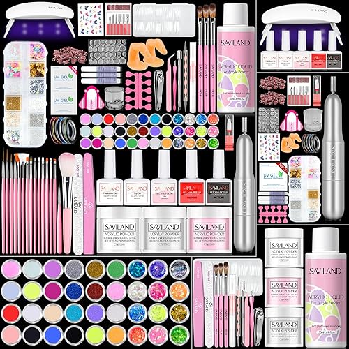 SAVILAND Acrylic Nail Kit with Drill: Professional Nail Kit Acrylic Set for Beginners with Everything Acrylic Powder Gel Nail Polish Nail Decoration U V Nail Light Gift Home Salon Gift Set - 414pcs