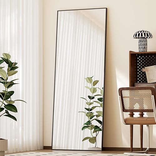 BEAUTYPEAK Full Length Mirror with Stand, 56"x21" Floor Mirror with Aluminum Alloy Thin Frame, ShatterVue Tempered Full Body Mirrors, Free Standing or Wall-Mounted Mirrors for Living Room, Black - 56"L x 21"W - Black
