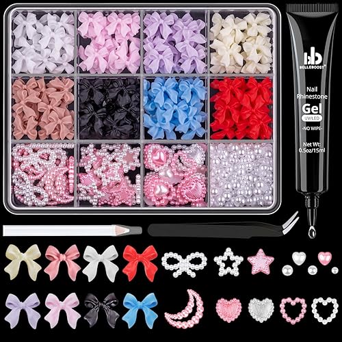 3D Nail Charms and Flatback Pearls #1, 600 Pcs 8 Colors Bow + Pink&White Star Heart Moon Cute Charms + 2-6mm White Pearls for Nail Art Design with Nail Charm Glue(UV Needed) and Pickup Tools - Set 1 - 8 Colors A Style with Glue