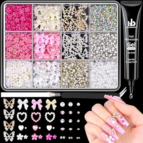 3D Nail Charms and Gems Set 8 with Rhinestone Glue, 20PCS Chunky Butterfly Charms + 75PCS Coquette Nail Bows and Hearts + 3D Flowers with Crystals, Pearls, Diamonds and Picker Tools for Y2K Nail Decor - A08-Nail Charms Set 8: 3D Flowers & Butterfly & Bow & Heart Nail Charms & Glue
