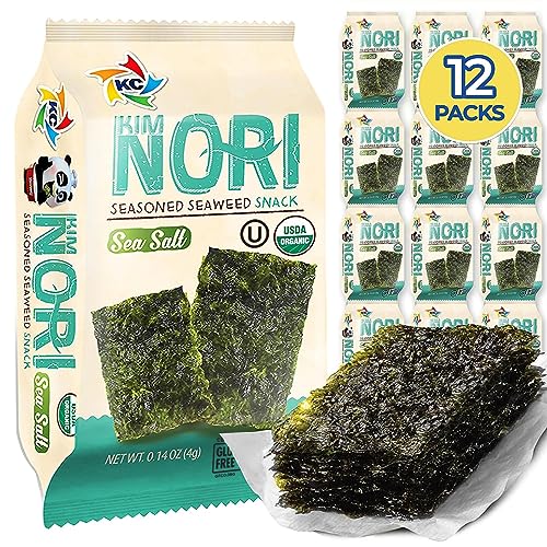 KIMNORI Seasoned Seaweed Snacks Sheets – Organic Sea Salt Flavor 12 Individual Packs Roasted Crispy Premium 100% Natural Laver Kim Nori 4g 0.14 Ounce 김 のり 海苔 紫菜 - Salted