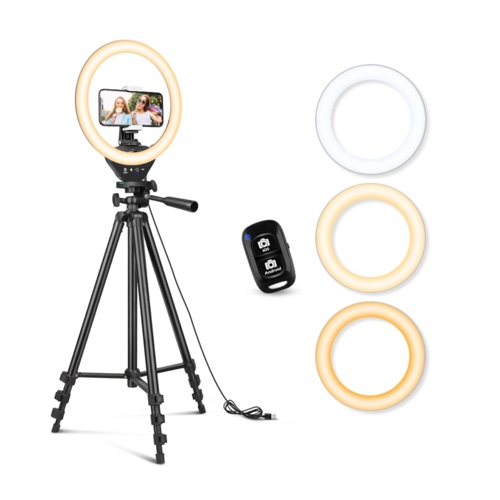10'' Ring Light with 50'' Extendable Tripod Stand, Sensyne LED Circle Lights with Phone Holder for Live Stream/Makeup/YouTube Video/TikTok, Compatible with iPhone/Android (Black) - Black