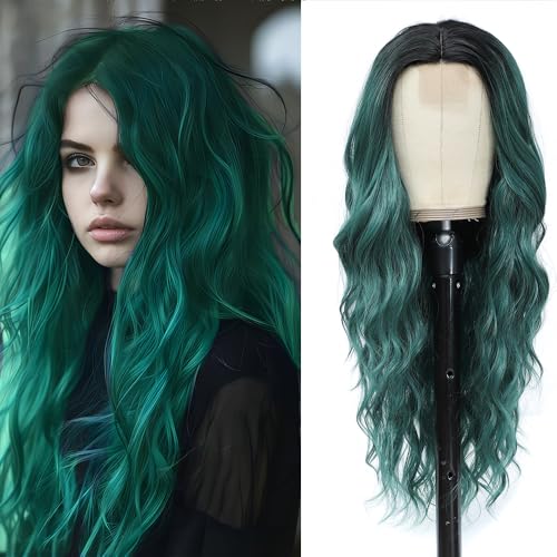 Long Green Wig for Women 26Inch Wavy Curly Ombre Green Hair Wigs Synthetic Hair Replacement Wig Heat Resistant Hair Wig for Daily Party Use(26'' green) - 26'' - Ombre Green