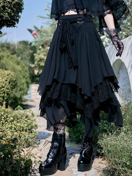Goth Contrast Lace Asymmetrical Skirt