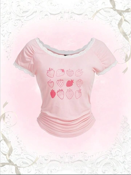 Kawaii Strawberry Graphic Contrast Lace Tee