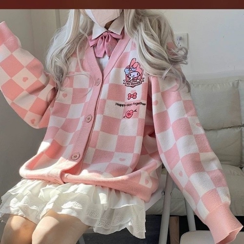 Kawaii Checkered Cardigan - XL / Pink