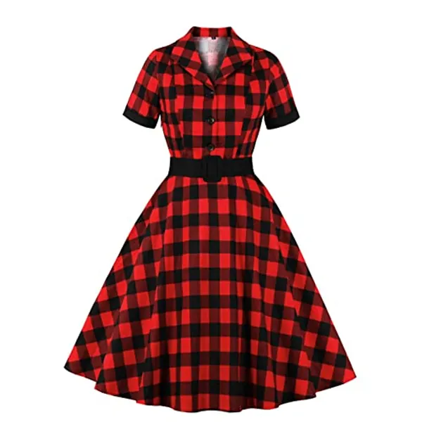 1950s Vintage Shirt Dress for Women Short Sleeve Peter Pan Collar Gingham Dress Audrey Hepburn Style Cocktail Swing Dresses