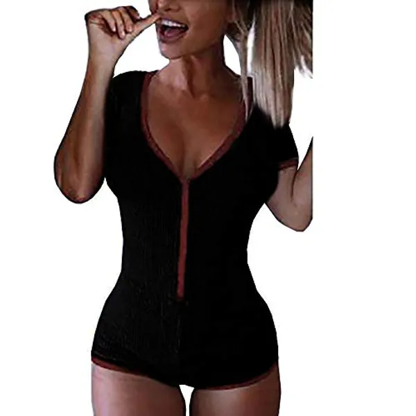 Roselux Women's Sexy Deep V Neck Shorts Long Sleeve Knitted One Piece Bodysuit Sexy Pajama Onesie Bodycon Rompers Overall (Large, Short Sleeve-Black&Wine)