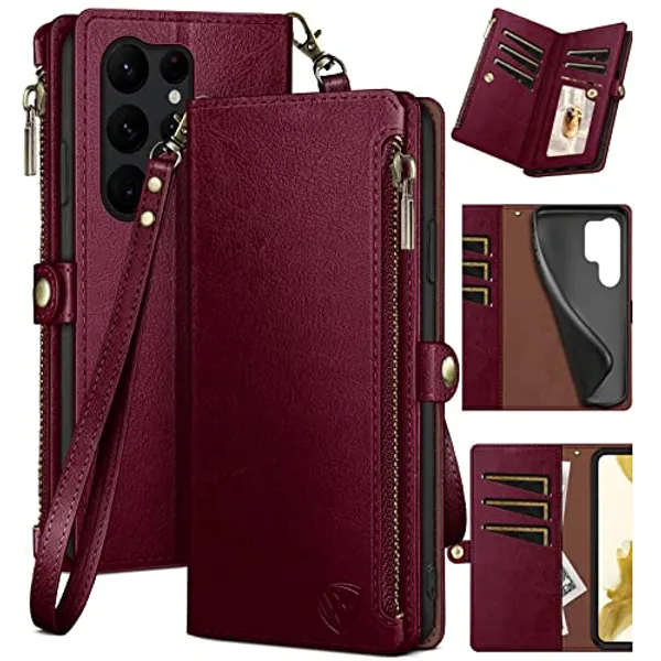 XcaseBar for Samsung Galaxy S23 Ultra Wallet case with Zipper【RFID Blocking】 Credit Card Holder, Flip Folio Book PU Leather Phone case Shockproof Cover Women Men for Samsung S23Ultra case Wine Red