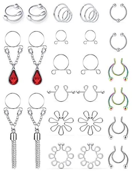 Oufksiyy Fake Nipple Ring Stainless Steel Non-Piercing Nipple Rings Clip On Nipplerings Faux Body Piercing Jewelry for Women Men 26PCS