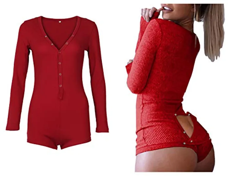 Roselux Women's Sexy Deep V Neck Shorts Long Sleeve Knitted One Piece Bodysuit Sexy Pajama Onesie Bodycon Rompers Overall