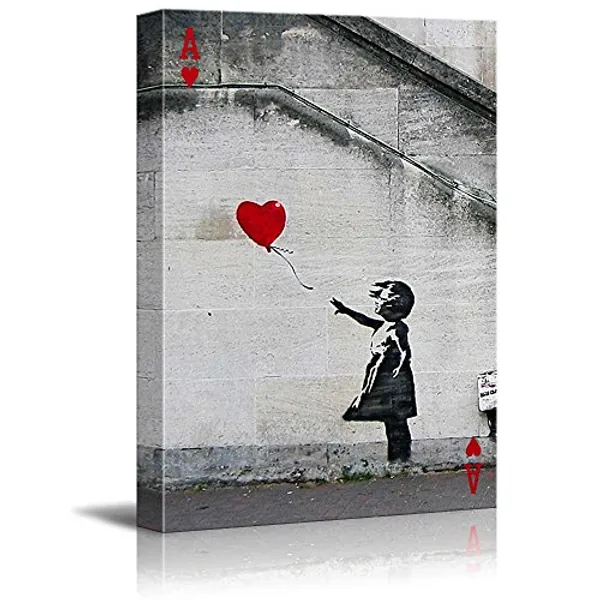 wall26 - Poker Cards Canvas Wall Art - Hearts Ace - Banksy Girl with Red Heart Shaped Balloon(There is Always Hope) - Gallery Wrap Modern Home Art | Ready to Hang - 12x18 inches