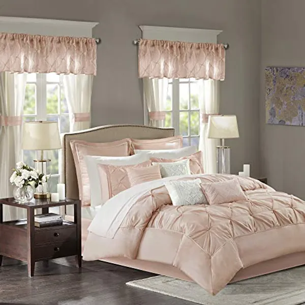 Madison Park Essentials Room in a Bag Faux Silk Comforter Set-Luxe Diamond Tufting All Season Bedding, Matching Curtains, Decorative Pillows, Cal King(104"x92"), Blush 24 Piece (MPE10-811)