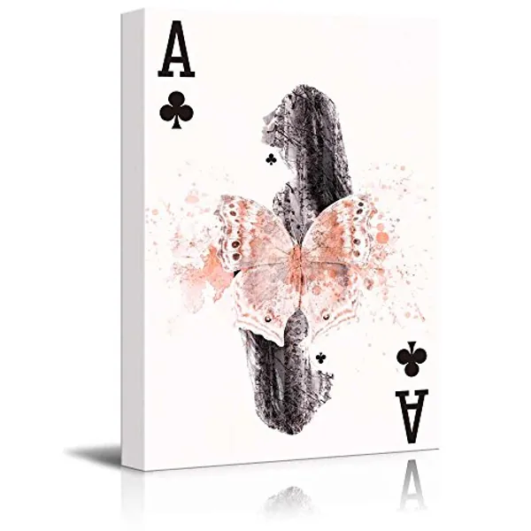 wall26 - Poker Cards Canvas Wall Art - Clubs Ace - Double Exposure Sexy Woman and Woods with Butterfly - Gallery Wrap Modern Home Art | Ready to Hang - 12x18 inches