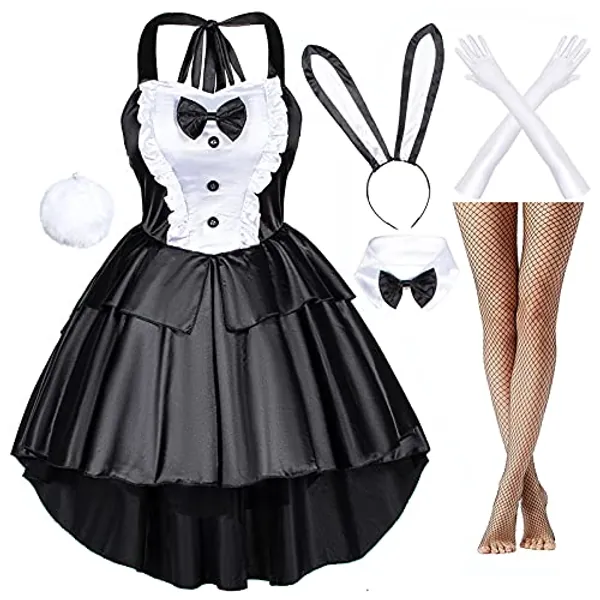 Wannsee Classic Fancy Bunny Costume Girl Dress Tuxedo Style Black Dress Cosplay costume Tail Ears Stockings Gloves set