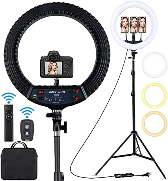 18 inch LED Ring Light with Tripod Stand Dimmable Makeup Selfie Ring light for Studio Portrait YouTube Vlog Video Shooting with Carrying Bag and Remote Controller, CRI 90