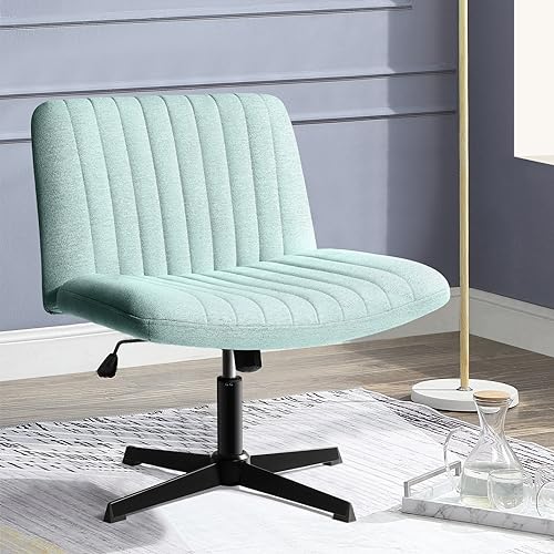 PUKAMI Criss Cross Chair,Armless Cross Legged Office Desk Chair No Wheels,Fabric Padded Modern Swivel Height Adjustable Mid Back Wide Seat Computer Task Vanity Chair for Home Office(Mint Green) - Mint Green - Classic