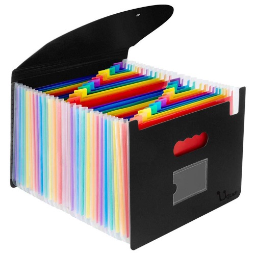 Uquelic Expanding File Folder-24 Pocket Plastic Rainbow File Organizer A4 Letter Size Document Holder Wallet Accordion Briefcase Business Filing Box with Lid and Business Card Holder