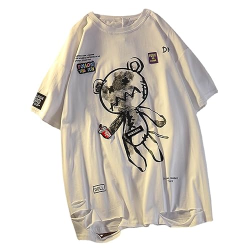 Women Goth T Shirt Y2K Harajuku Graphic Tops Cotton Anime Clothes - Large - White