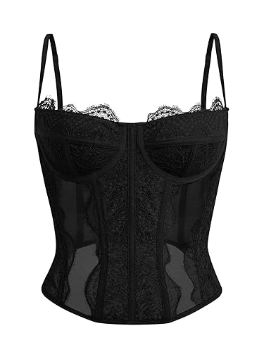 Dealmore Corset Tops For Women Going Out Lace Mesh Date Night Spaghetti Strap Party Club Fashion Trendy - Large - Black
