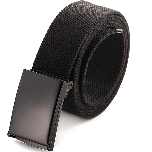 Mile High Life Cut To Fit Canvas Web Belt Size Up to 52" with Flip-Top Solid Black Military Buckle - Black-