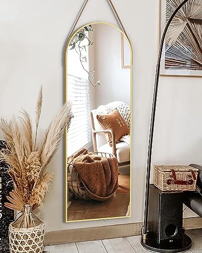 ITSRG Full Length Mirror, Arched Wall Mirror, Wall Full Length Body Mirror, Wall Mounted Mirror with Hanging Leather Strap, Wall Mirror Full Length for Bathroom Living Room(16"x48"Gold) - Gold-small