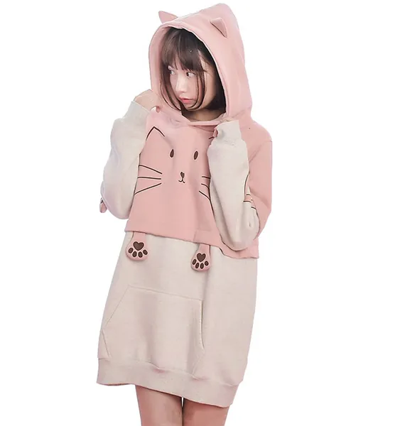 D-Sun Girl's Cute Cat Hoodie with Cat Ears Hooded Sweatshirts Pullover - X-Large Pink