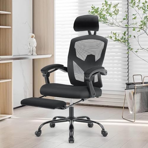 Ergonomic Office Chair with Footrest, Computer Desk Chair for Adults, High Back Mesh Rolling Swivel Reclining Chairs with Wheels Headrest Armrest, Black - Black - Footrest
