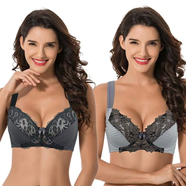 Curve Muse Women's Plus Size Unlined Underwire Lace Bra with Cushion Straps-2PK
