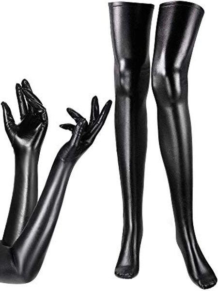 SATINIOR Women's Halloween Costume Elastic Spandex Shiny Wet Long Gloves and Thigh High Stockings