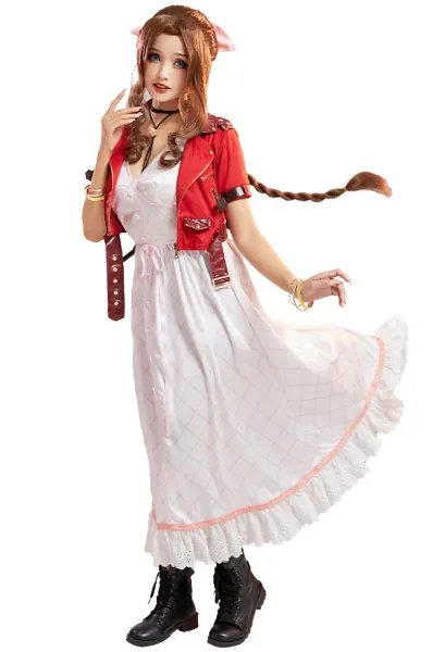 FF Aeris Gainsborough Cosplay Costume Dress Set with Accessory