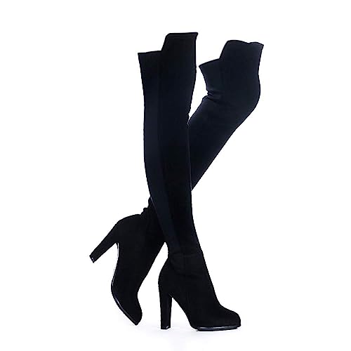 Shoe'N Tale Women Faux Suede Chunky Heel Stretch Over The Knee Thigh High Boots - 6.5 - Black