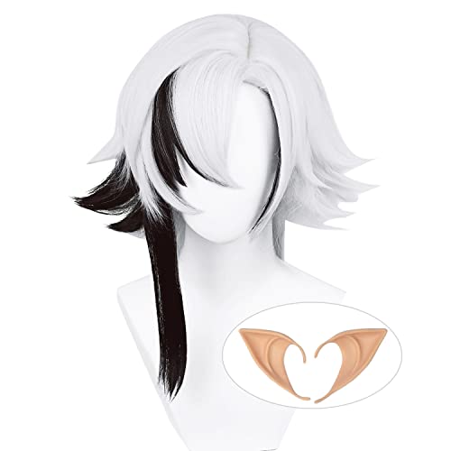 Silver Wig for Arlecchino Cosplay Wig Short Knave Anime White Mixed Black Layered Fluffy Wig with Bangs Halloween Party Costume for Kids Adults + Cap - White mixed Black - A