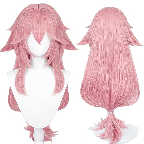 Uniquebe Yae Miko Cosplay Wig Long Pink Spiky Anime Game Cos Wigs Women Girls 33 Inch Heat Synthetic Hair with Bangs + Wig Cap for Halloween Costume Party (Yae Miko) - Yae Miko