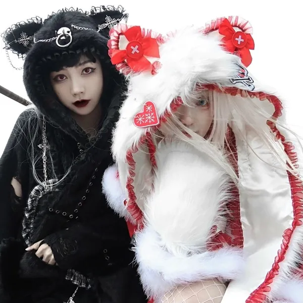 Cute Faux Fur Japanese Anime Hooded Scarf, Goth Fur 3 in 1 Mittens, Halloween Fur Scoodie, Warm Winter Hat, Festival Hood, Rave Hood