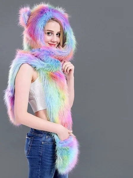 Super Cute Faux Fur Multi Coloured Mittens I Cute Animal Hooded Scarf I Wolf Ears Fur Scoodie I Winter Hat I Wolf Boho Hood I Festival Hood