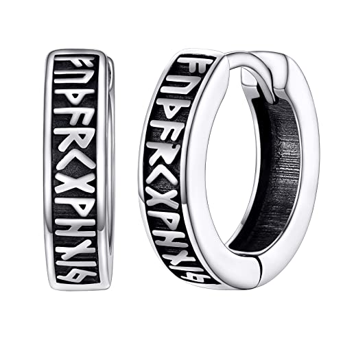 Silvora Sterling Silver Tiny 10mm Huggie Hoop Earrings for Women Men with Delicate Gift Packaging - 01. Silver-Viking Rune