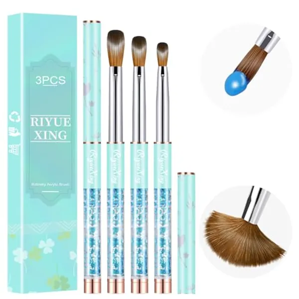 3PCS Acrylic Nail Brush Set, Size 6/10/14. Kolinsky Hair,Oval Crimped Pressed Shaped Acrylic Nail Brushes,Blue Metal Handle Acrylic Powder Brush Set Professional Manicure For DIY Home Salon