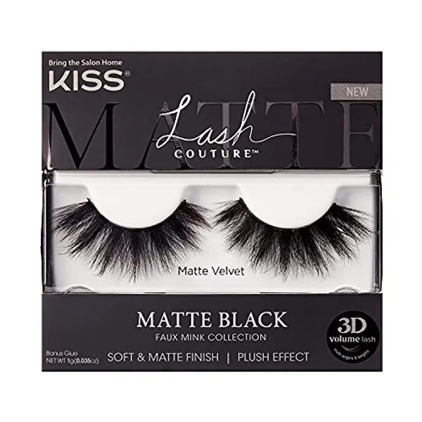 KISS Lash Couture Faux Mink 3D Matte False Eyelashes, Matte Velvet', 16 mm, Includes 1 Pair Of Lash, Contact Lens Friendly, Easy to Apply, Reusable Strip Lashes