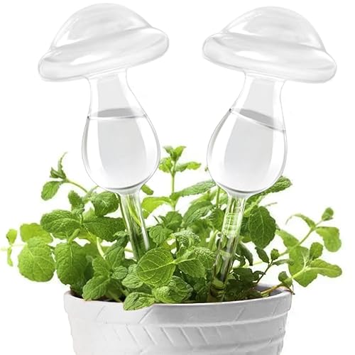 KiKiHome Neue Pflanzenbewässerung, selbstbewässernde Kugeln, mundgeblasene Pflanzenwasserzwiebeln aus klarem Glas für drinnen und draußen, 2 Pilze - 2 Pilze